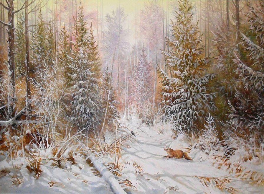 В зимнем лесу - животные, птица, лес, лиса, зима - оригинал
