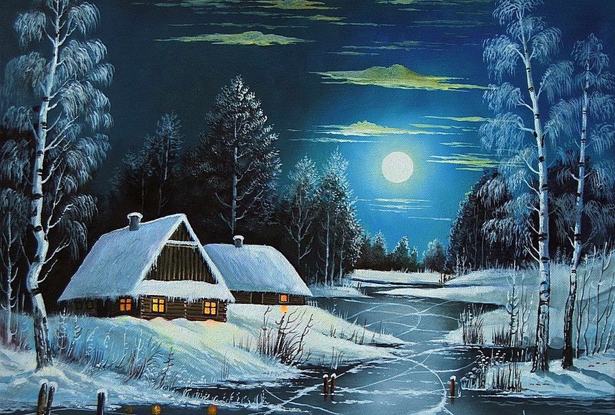Зимняя ночь - зима, снег, деревня, ночь, россия - оригинал