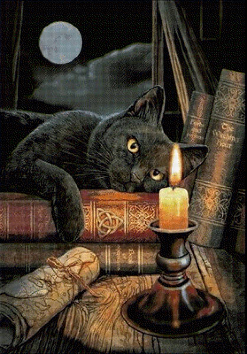 Колдовской час - черный кот, свеча, книги, луна, стол, колдовство - предпросмотр