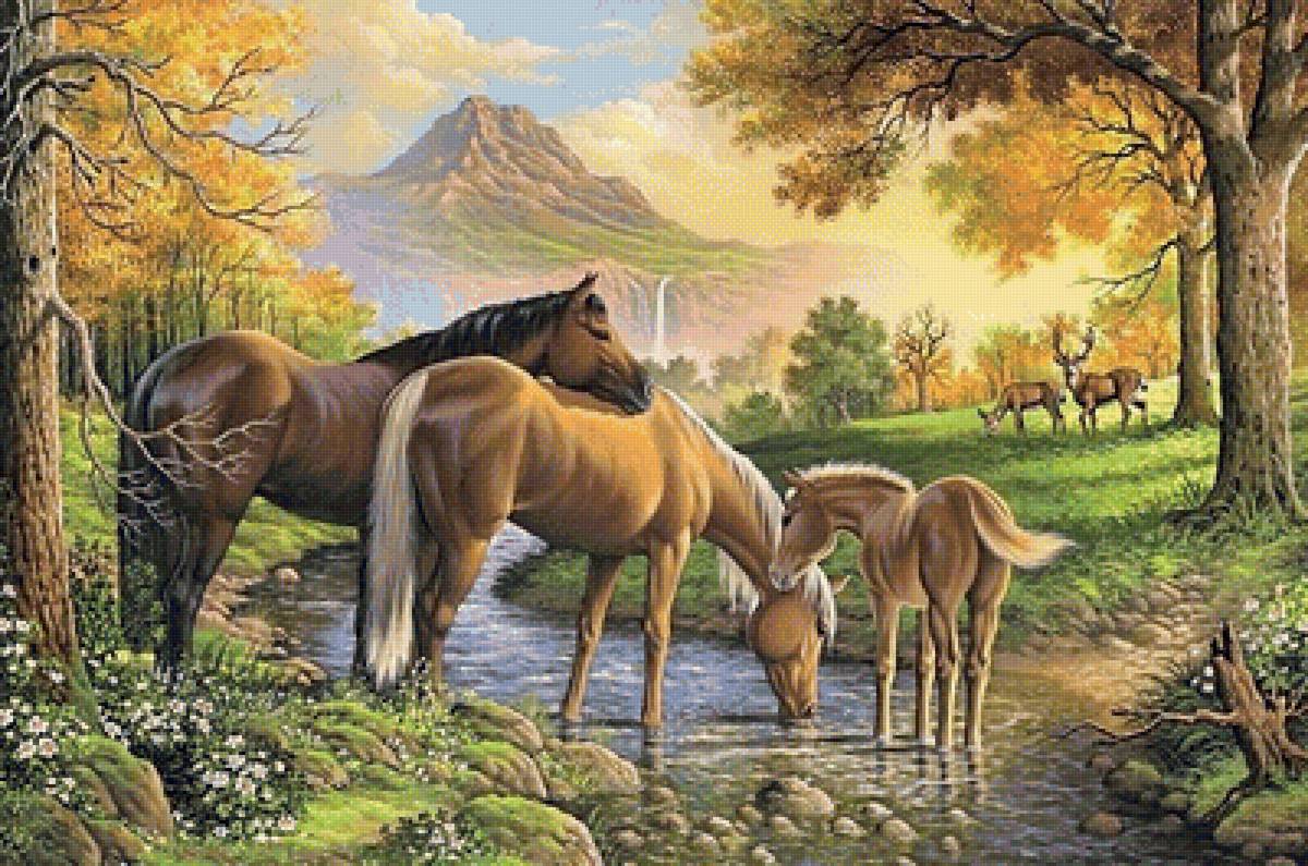 Водопой - пейзаж, картина, река, природа, лошади, горы - предпросмотр
