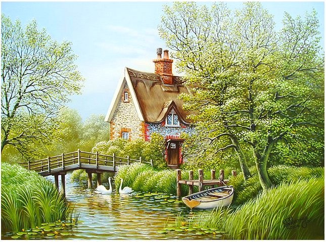домик с озером - природа, пейзаж, живопись, лето - оригинал