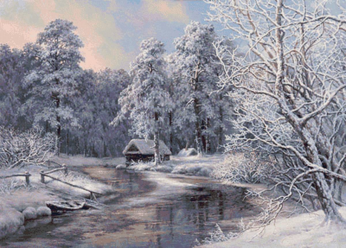 зимний лес - картина, зима, снег, река, лес, новый год, избушка, природа - предпросмотр