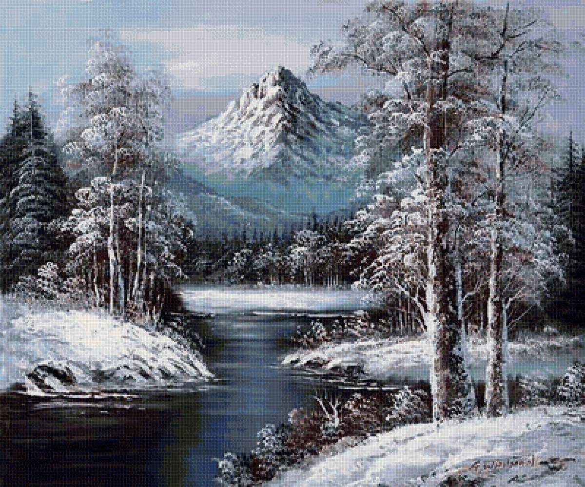 зимний пейзаж - река, горы, зима, картина, снег, сугроб, ручей, лес, пейзаж - предпросмотр