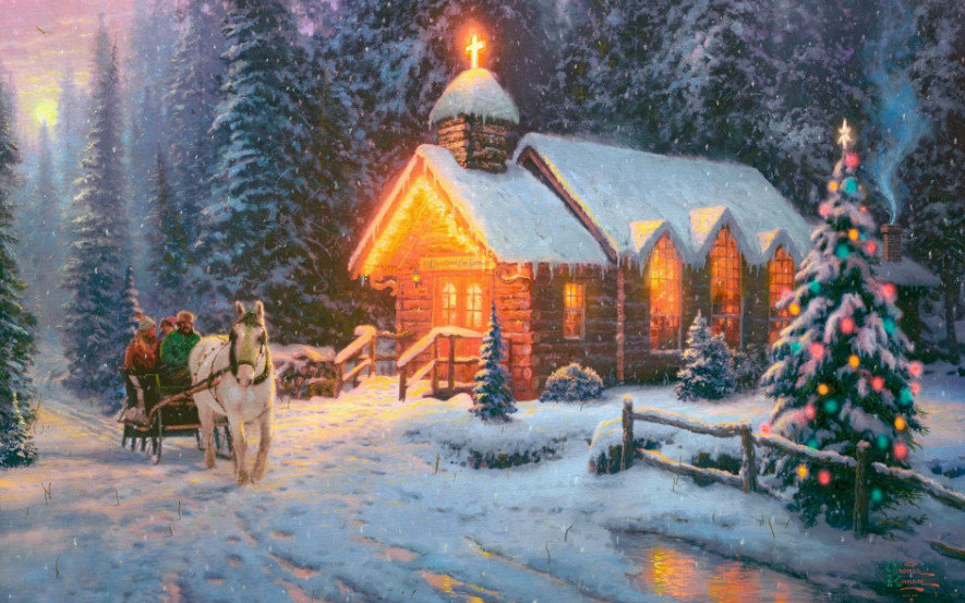 сочельник - новый год, праздник, рождество, церковь, снег, зима, елка, картина - оригинал
