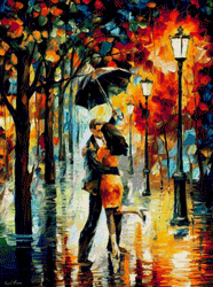 Танец под дождем, нити DMC - двое, зонт, танец, дождь, леонид афремов - предпросмотр
