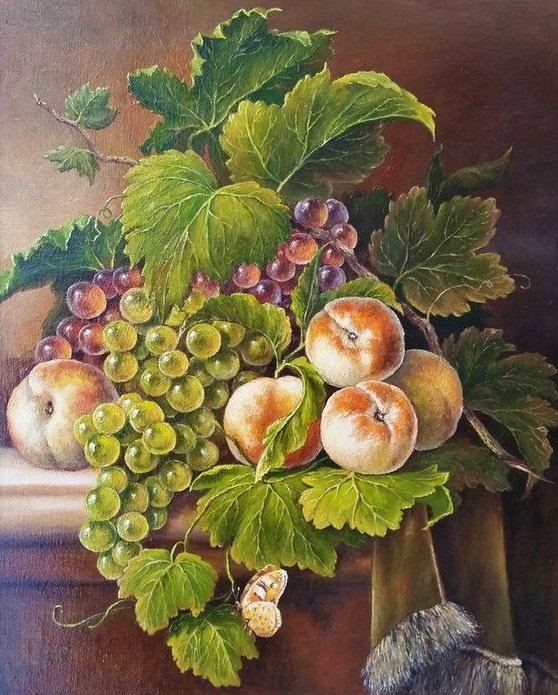 натюрморт - персики, виноград, фрукты - оригинал
