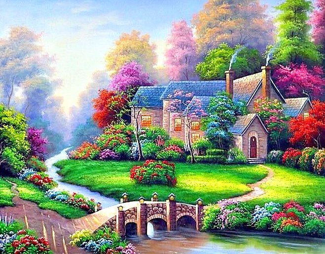 дом с мостиком - картина, природа, пейзаж - оригинал