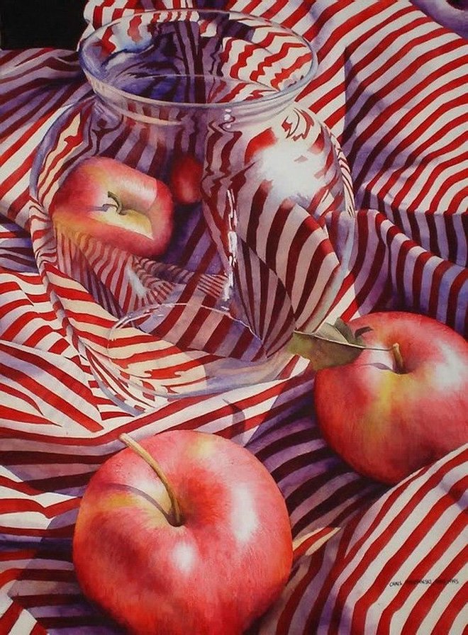 Яблоки, кувшин и полоска - лето, натюрморт, кувшин, стекло, яблоки - оригинал