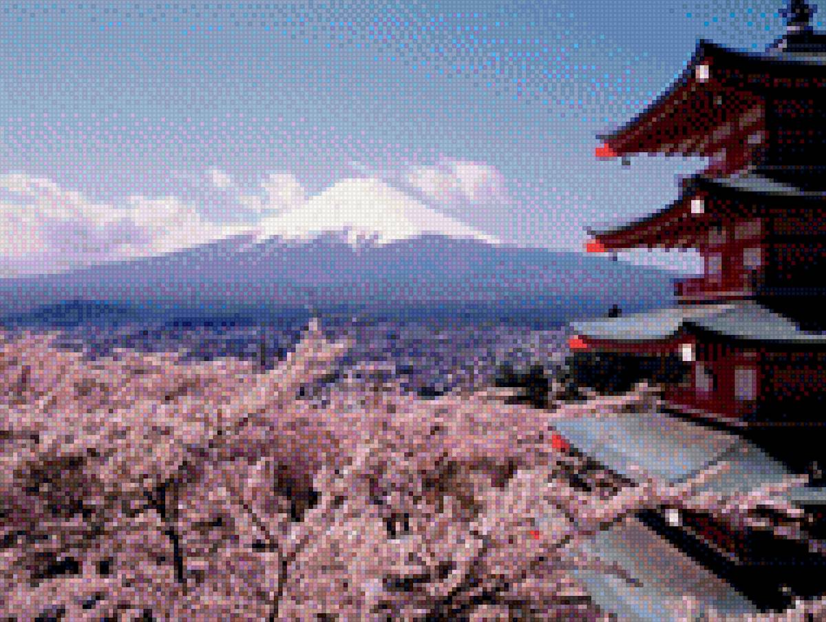 Япония - япония, сакура, пагода, гора - предпросмотр