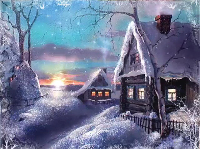 Зимний вечер - деревня, деревья, солнце, дым, снег, дом, лед, зима - оригинал
