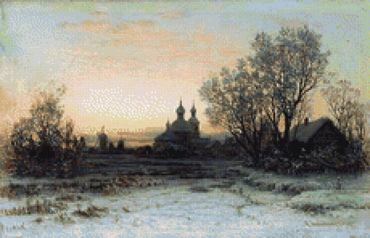 зимний пейзаж  Худ. Кондратенко - зима вечер картина - предпросмотр