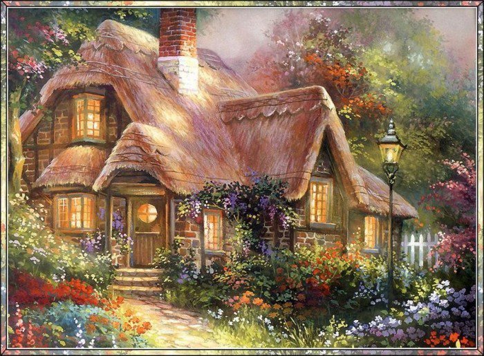 Дом в лесу - лес, вечер, цветы, дом, сад - оригинал