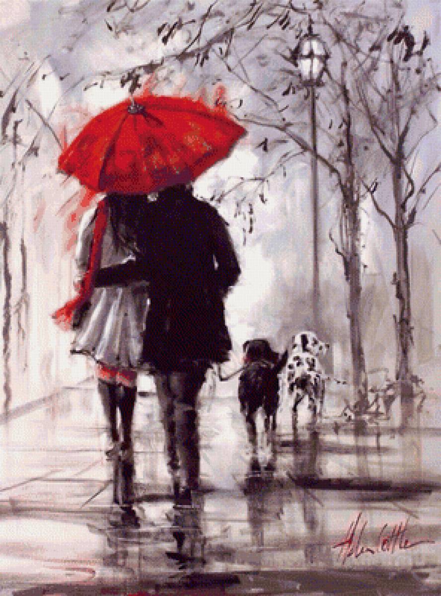 прогулка под дождем - пара, дождь, зонт - предпросмотр