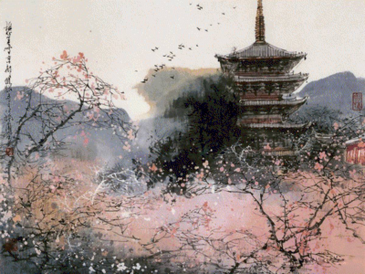 Японский замок - сакура, японские мотивы, картина, япония - предпросмотр