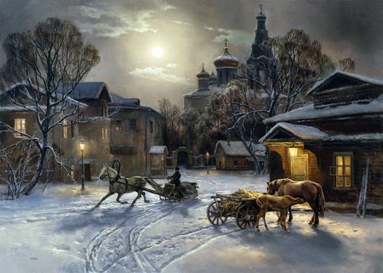вечер в деревне ( михаил саратов) - зима, деревня, михаил саратов - оригинал