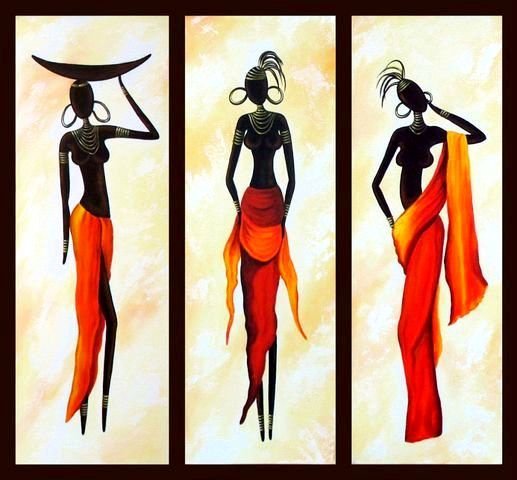 триптих африканки - стиль, триптих, черно-бело-красный, африка, женщина - оригинал