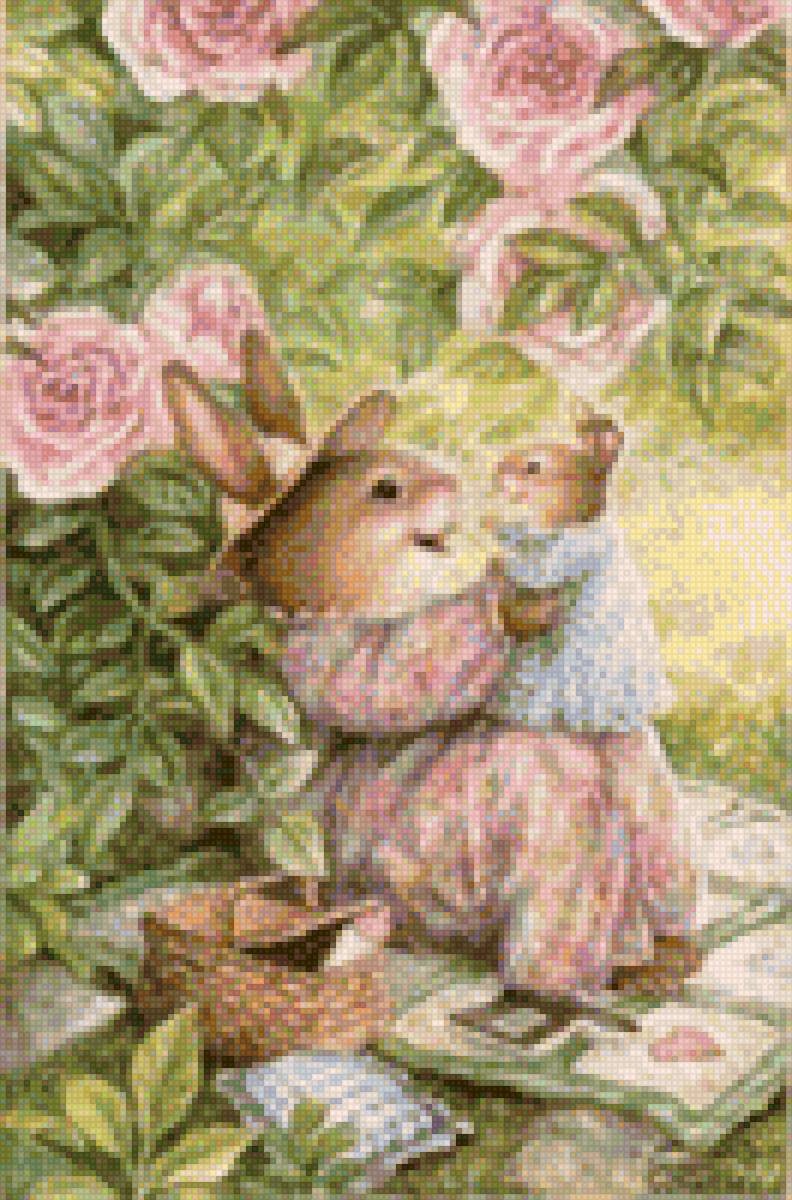 Семья кроликов - кролики, мама, розы, дети, семья - предпросмотр