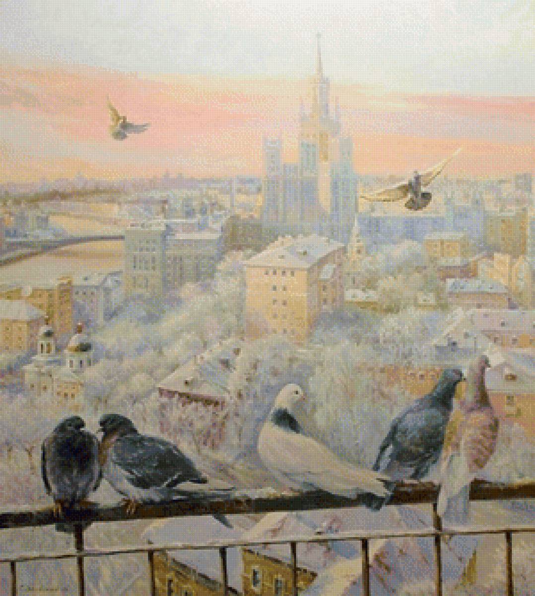 Московские голуби - голуби, зимнее утро, москва, городской пейзаж - предпросмотр