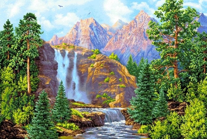водопад в горах - природа, картина, горы, пейзаж - оригинал