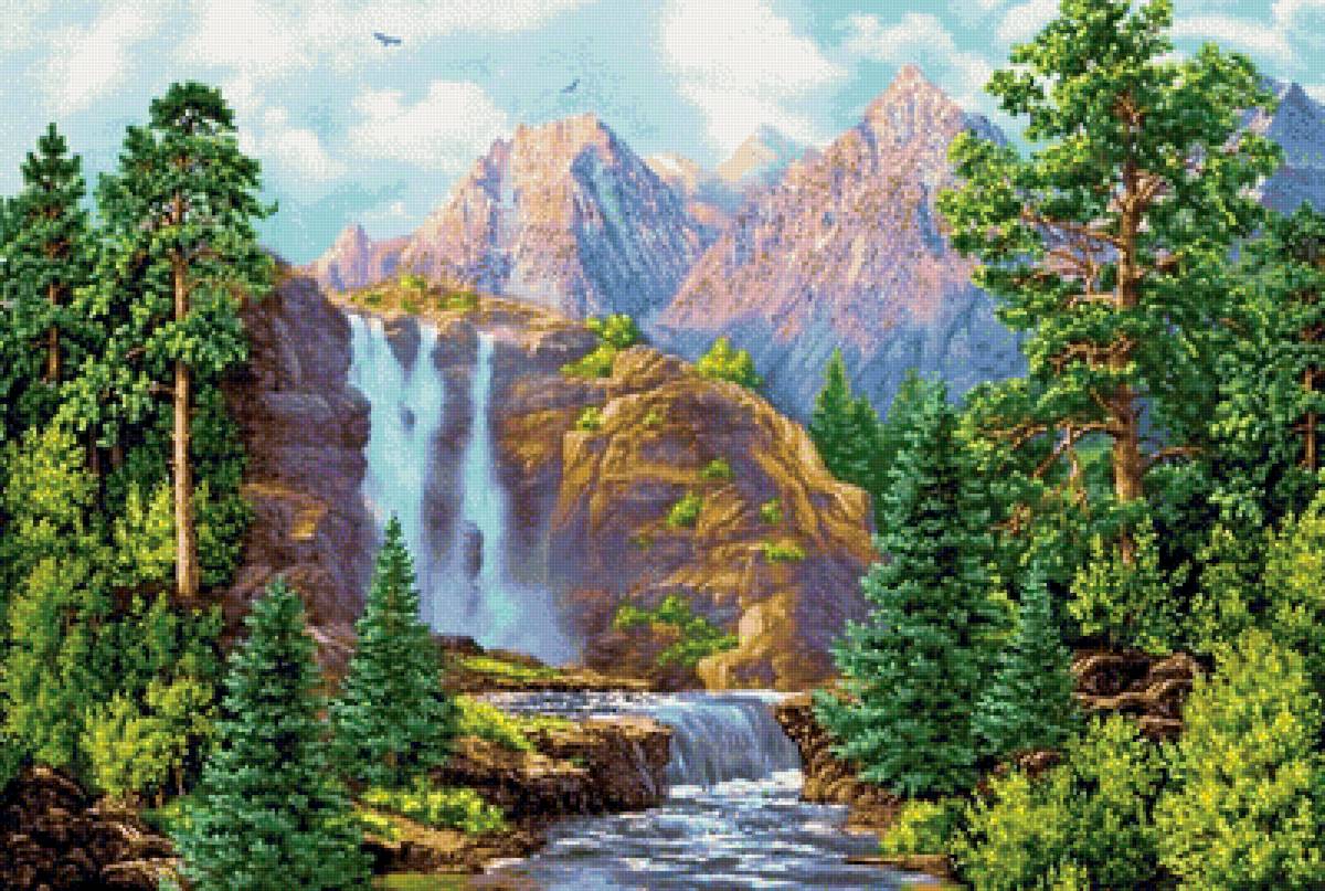 водопад в горах - горы, пейзаж, природа, картина - предпросмотр
