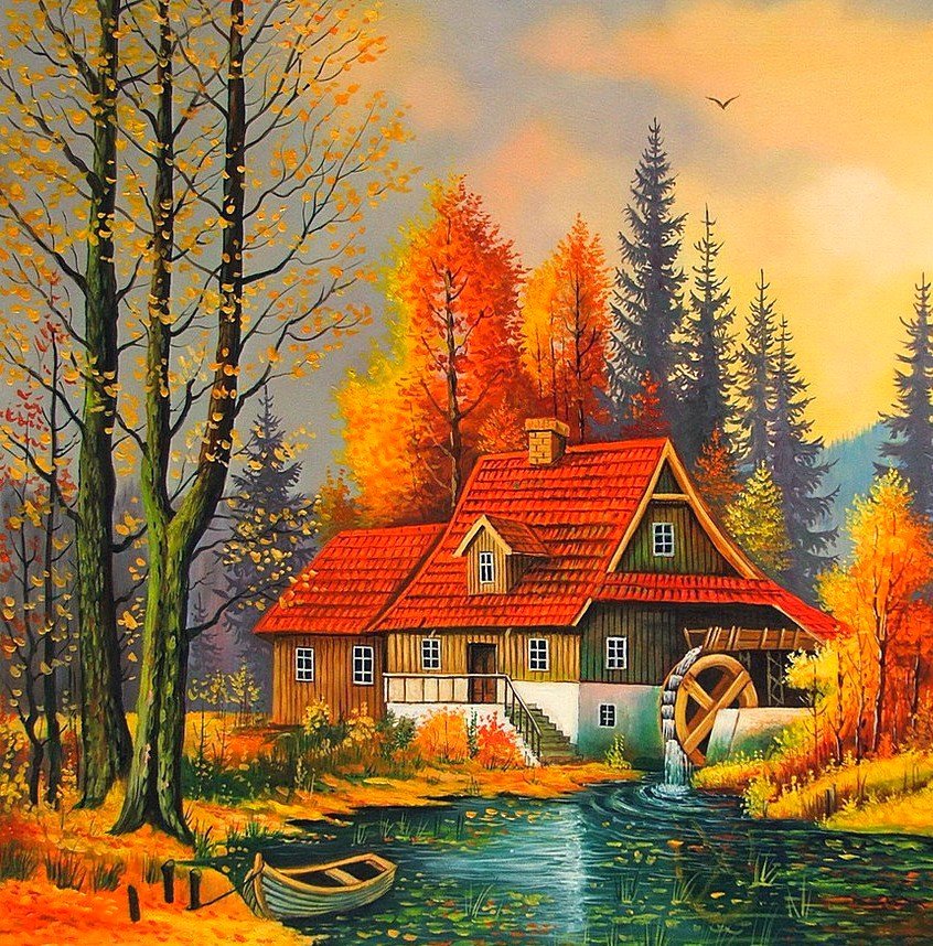 осенняя мельница - картина, пейзаж, природа, осень - оригинал