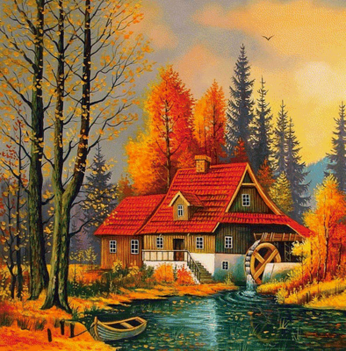 осенняя мельница - пейзаж, осень, картина, природа - предпросмотр