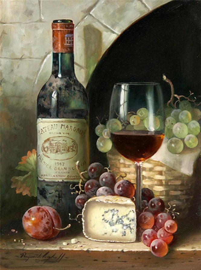 натюрморт - оливки, вино, виноград, сыр - оригинал