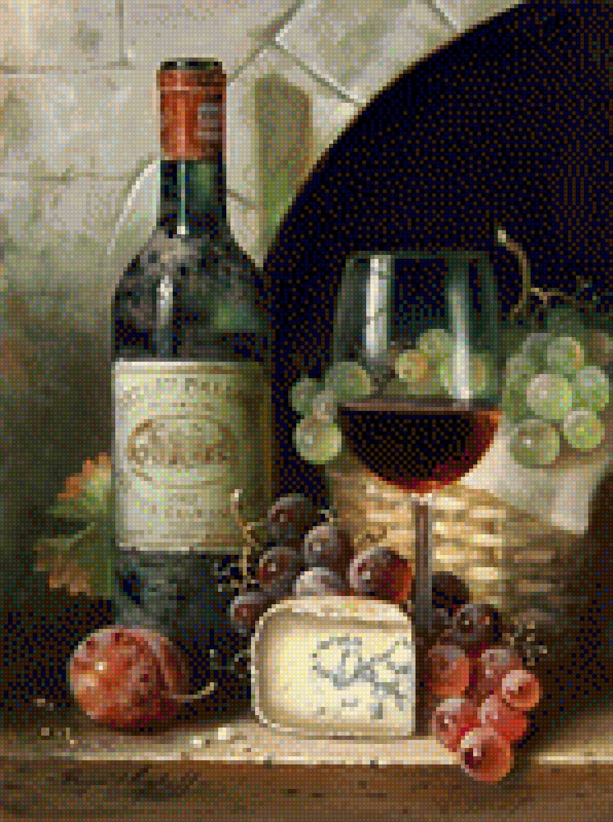 натюрморт - сыр, вино, виноград, оливки - предпросмотр