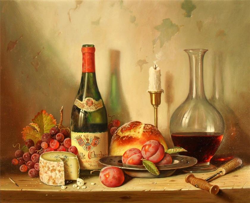 натюрморт - сыр, свеча, вино, виноград - оригинал