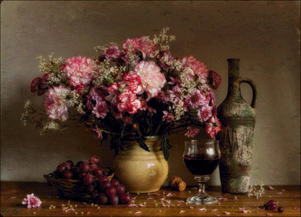 №1457943 - ваза, натюрморт, цветы, фрукты - предпросмотр