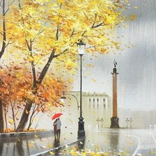 Схема вышивки «осень,город,пара,зонт,дождь»