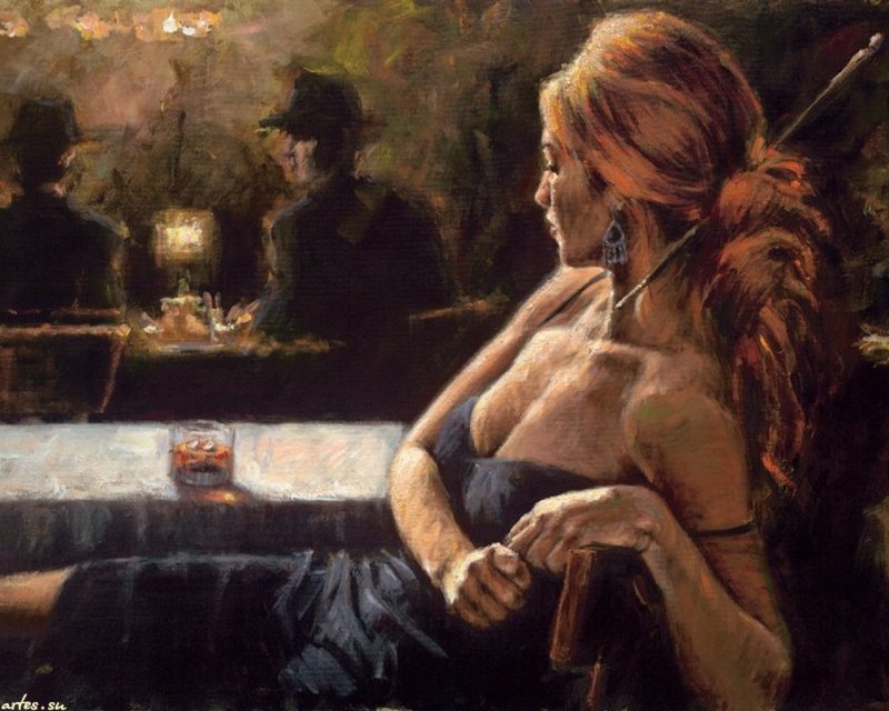картина Ф.Переса - девушка, ресторан, вечер, картина - оригинал