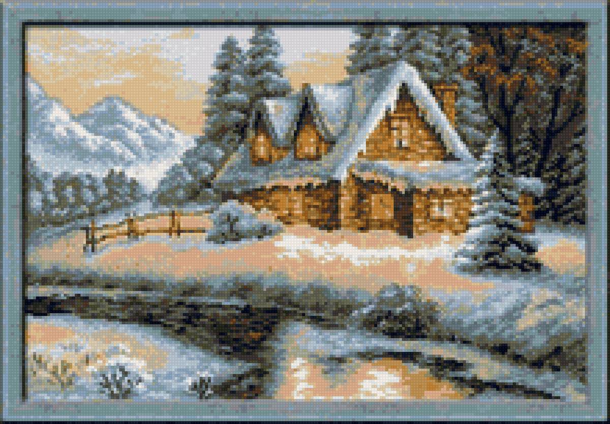 Зимняя сказка - одинокий домик, горы, речка, мостик - предпросмотр