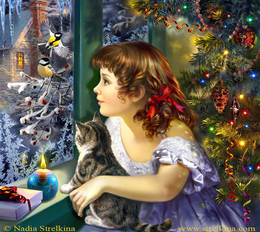 в ожидании чуда - елка, дети, кошка, новый год - оригинал
