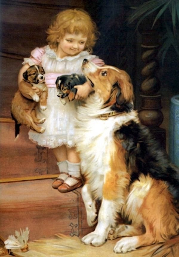 Девочка со щенками - картины известных художников - оригинал