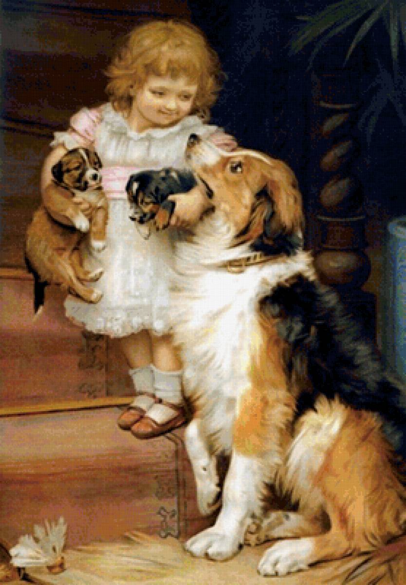 Девочка со щенками - картины известных художников - предпросмотр