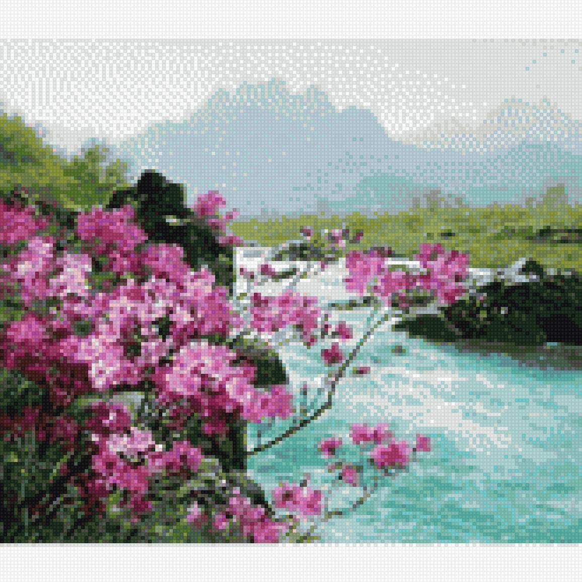 Бирюзовая река - пейзаж, весна, горы, сакура, река, природа - предпросмотр