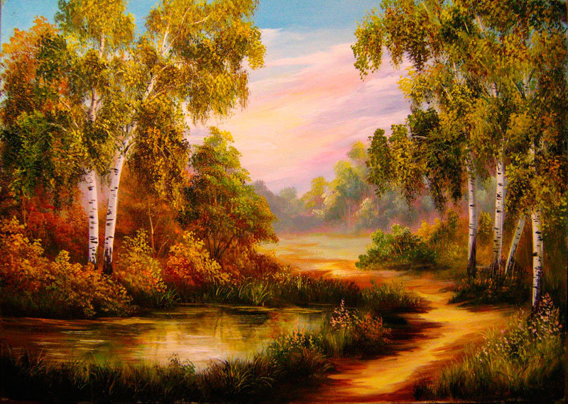 лес береза река пейзаж природа осень - оригинал