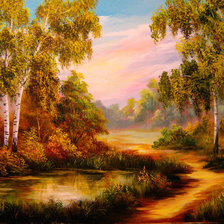 лес береза река пейзаж природа осень