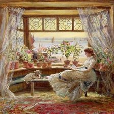 Оригинал схемы вышивки «Девушка читает у окна» (№1475960)