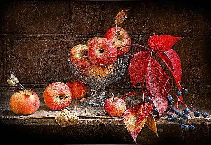 Осенний натюрморт. - листья, яблоки, натюрморт., ваза - оригинал