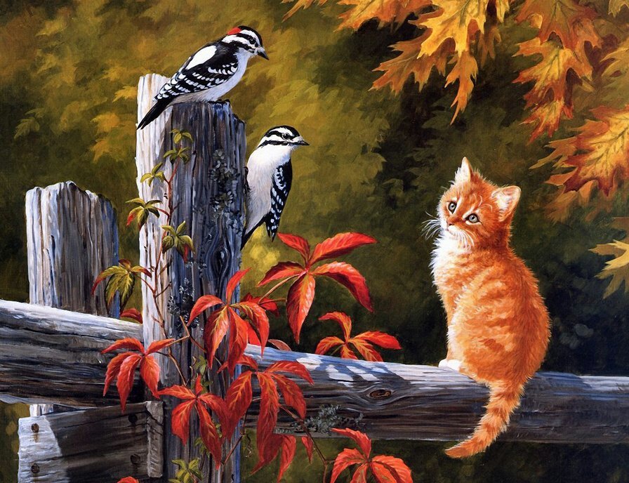 На лесной опушке - друзья, дятлы, рыжий котенок, лес, птицы - оригинал