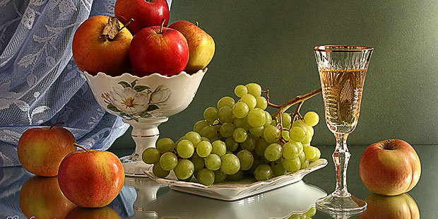 вино и фрукты - фрукты, натюрморт, бокал, кухня - оригинал