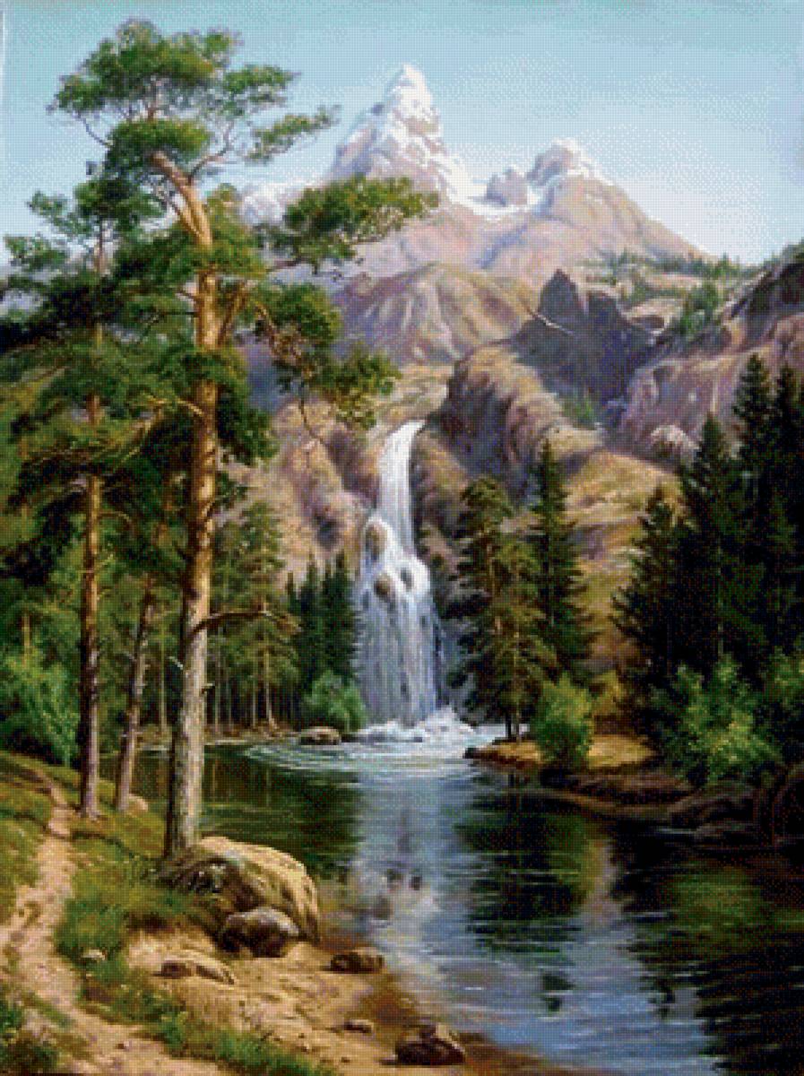 горный водопад - горы, пейзаж, природа, водопад, сосны, вода - предпросмотр