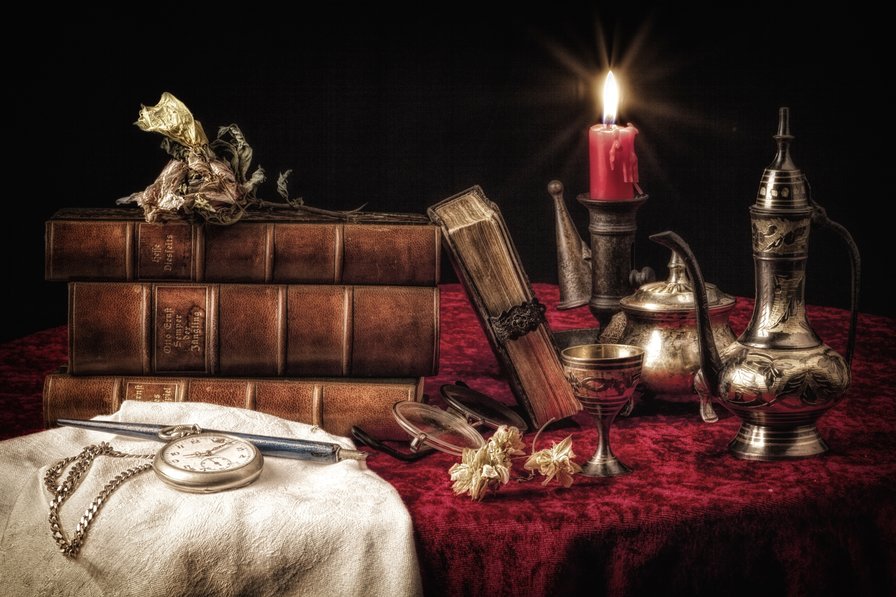 Натюрморт с часами - огонь, книги, часы, натюрморт, кувшин, свеча - оригинал