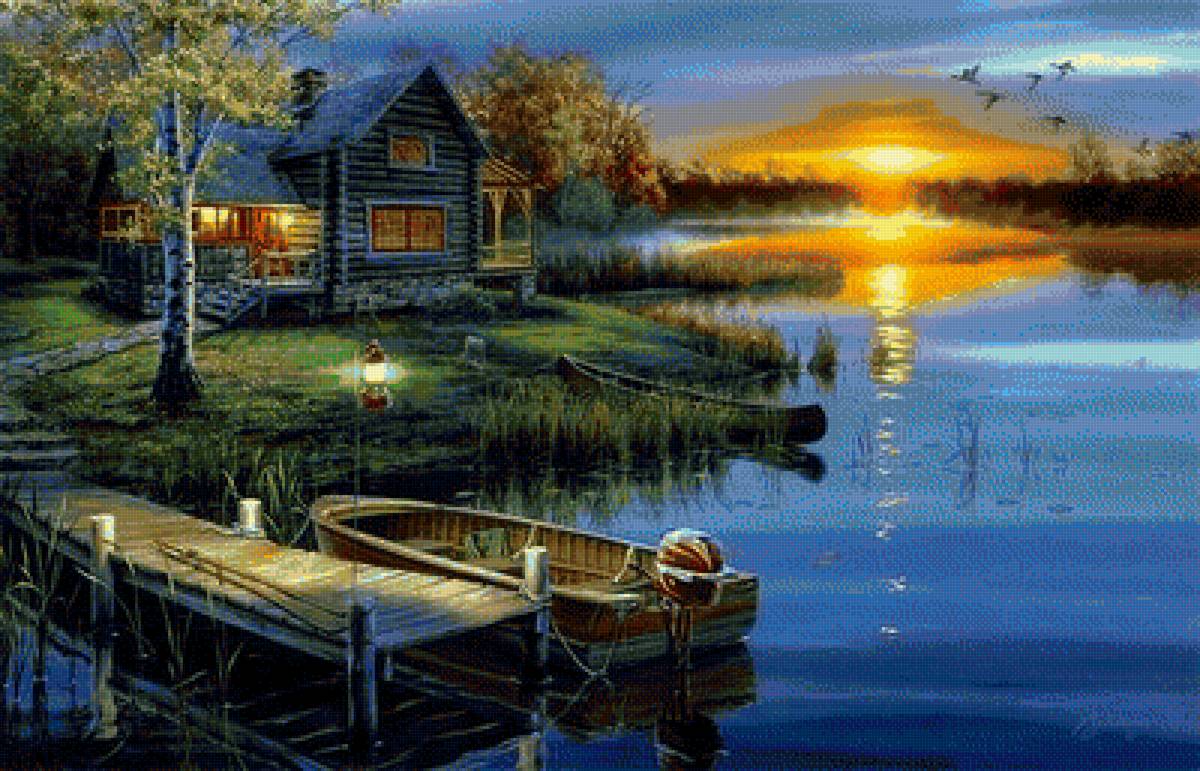 дом у реки - пейзаж, лодка, водоем, дом, вечер - предпросмотр