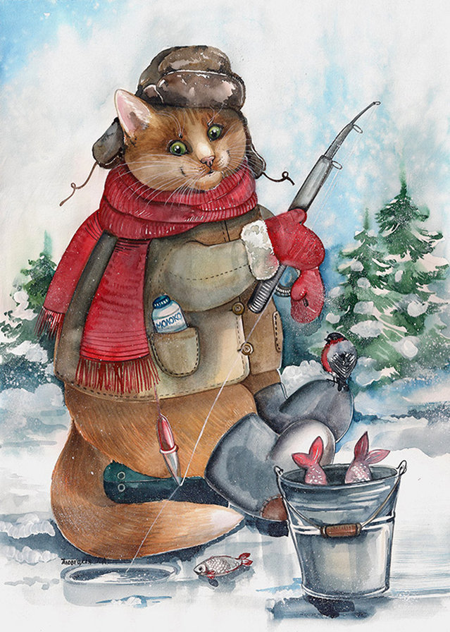 картины художника Татьяны Пловецкой - ловись, рыбка! зимняя рыбалка - оригинал