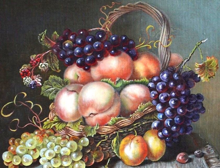 натюрморт с персиками - натюрморт, виноград, фрукты - оригинал