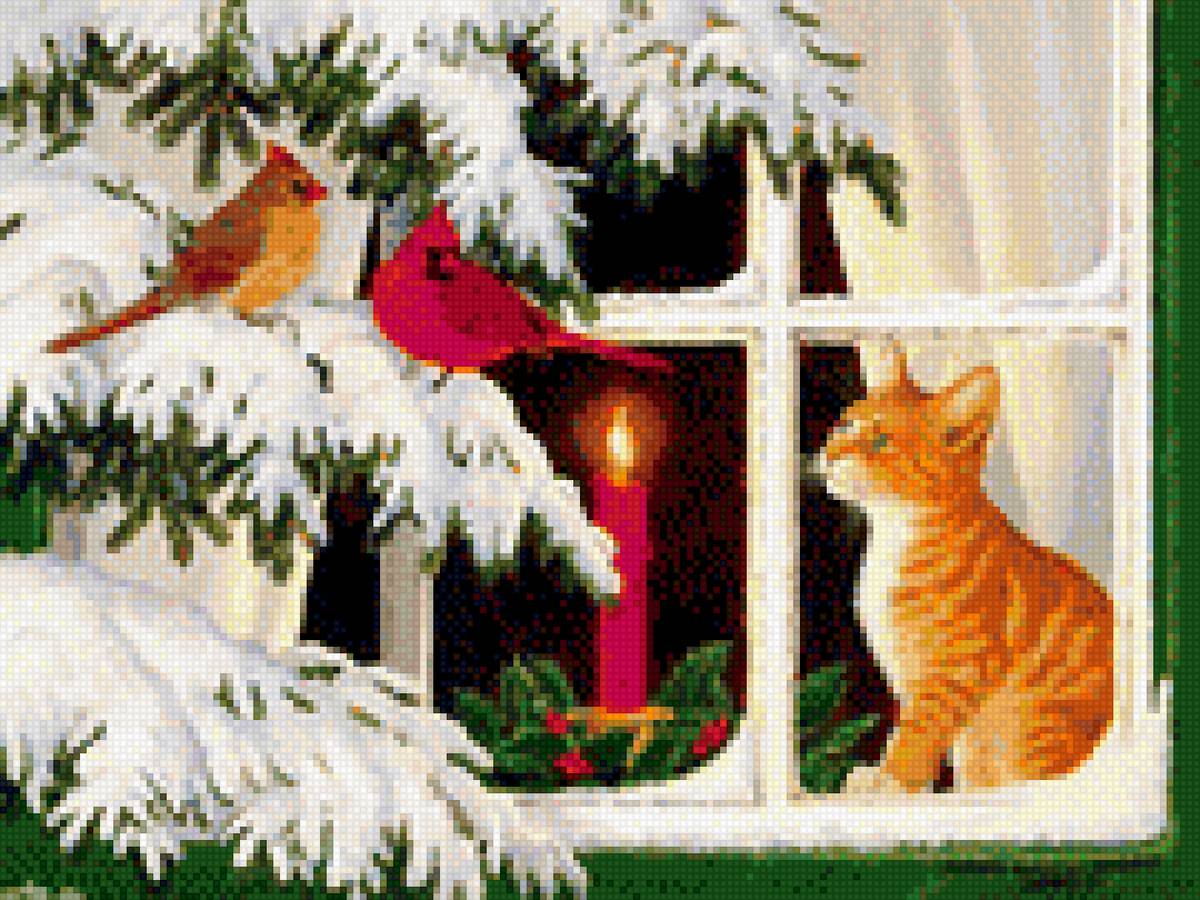кот и новый год - птицы, окно, новый год, кот - предпросмотр