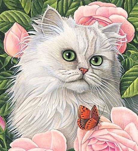 кошки и цветы - бабочка, кошка, розы, розовые цветы, кот, домашние животные - оригинал